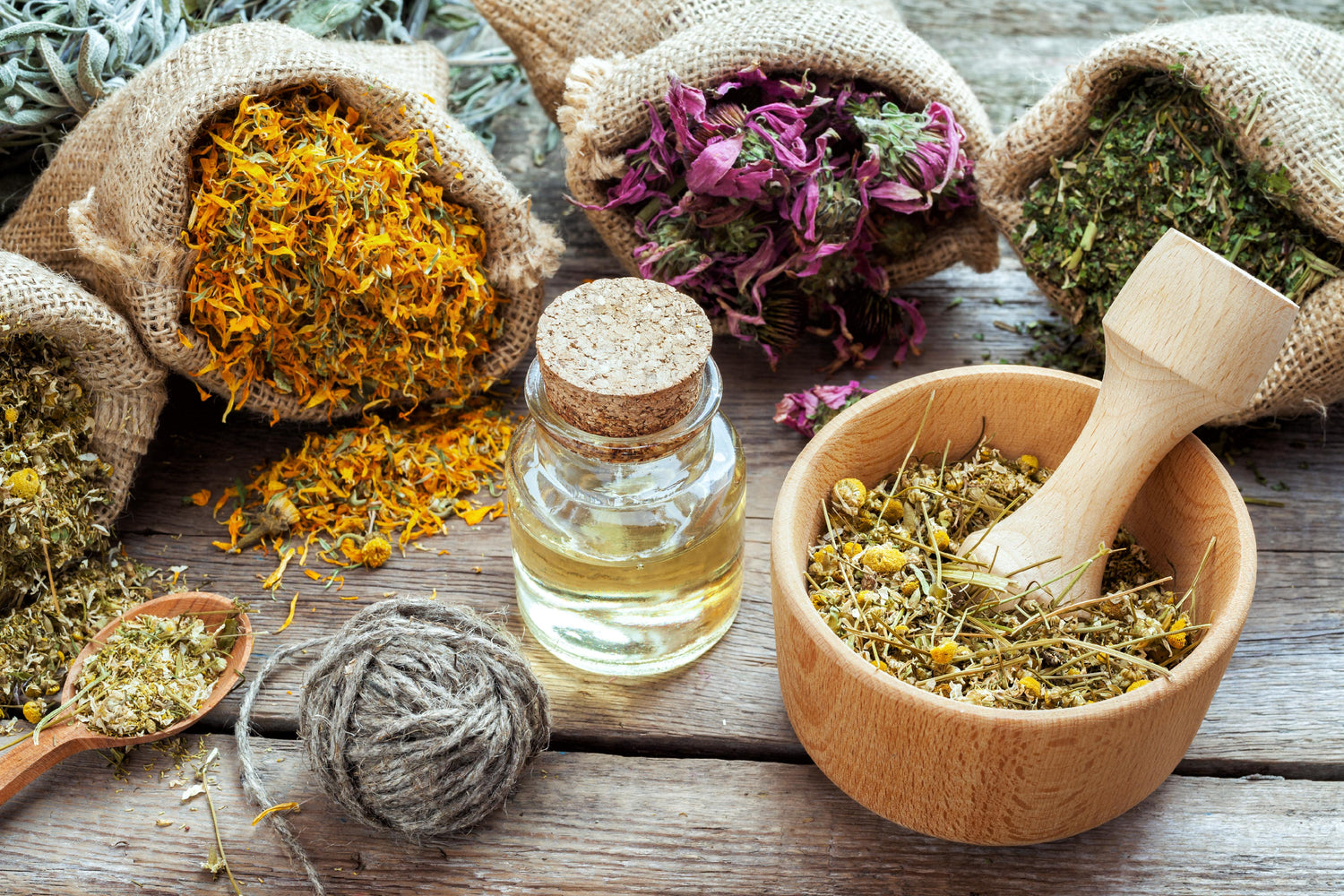 herbs and oils pestle and mortar hemp rope yarn wool