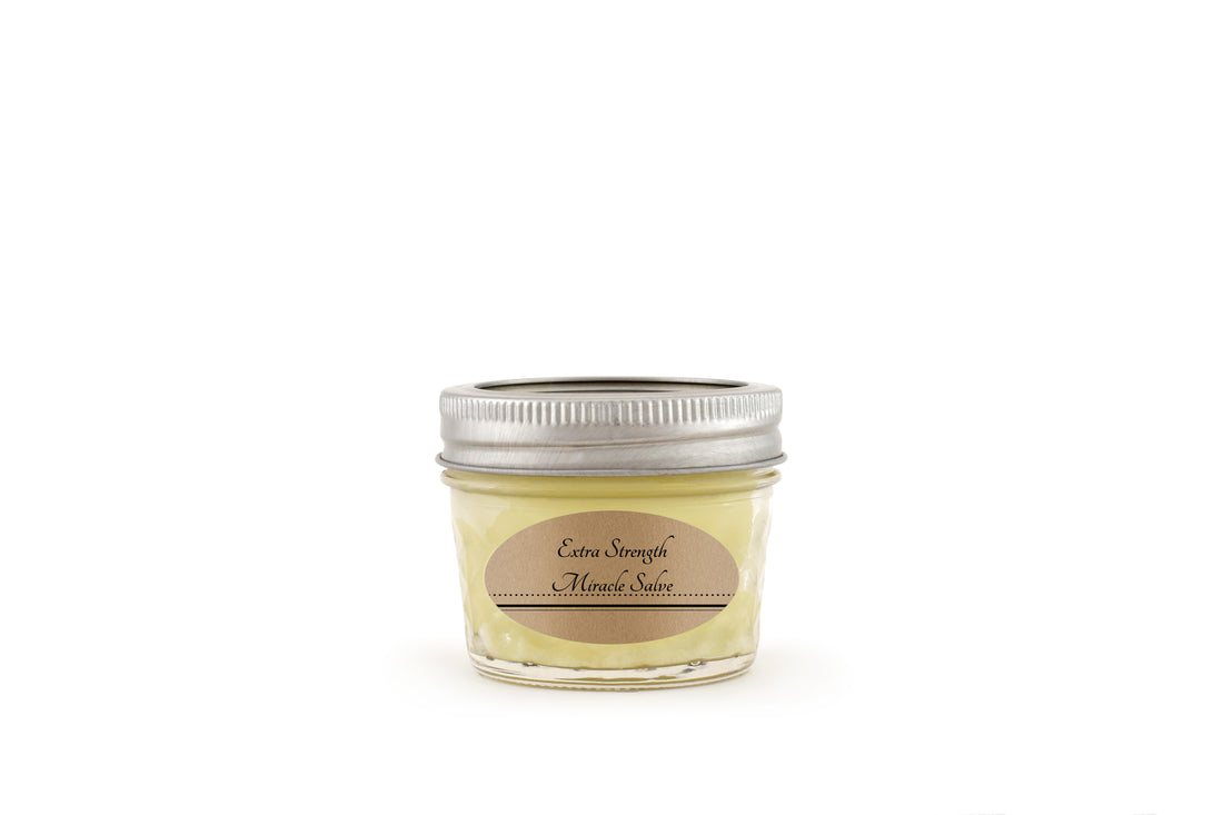Merry Jen’s Kitchen Extra Strength Miracle Salve, Front Labeled, four ounces